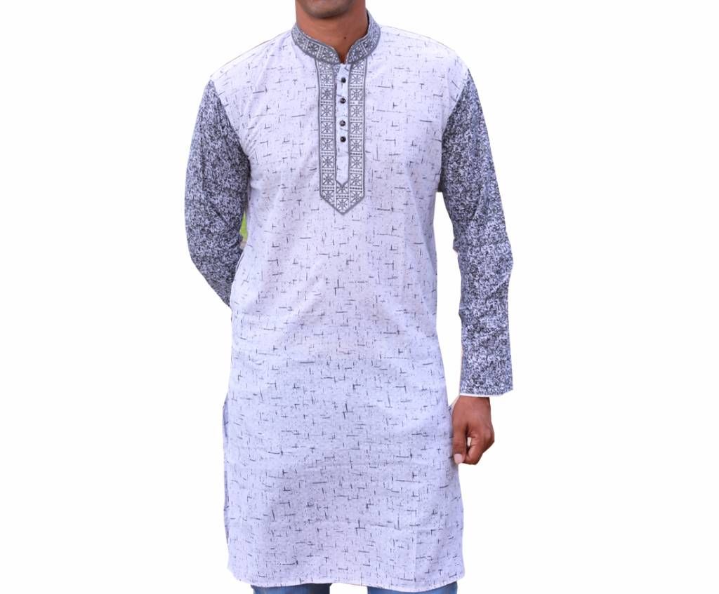 White Printed Cotton Panjabi For Men