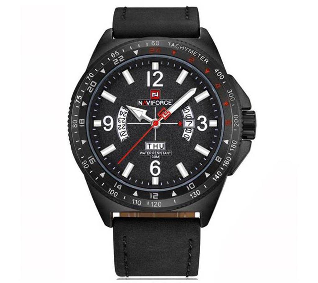Naviforce Eid Collection NF9103  Casual Leather Watch Quartz Movement with unique week and date display -  Black