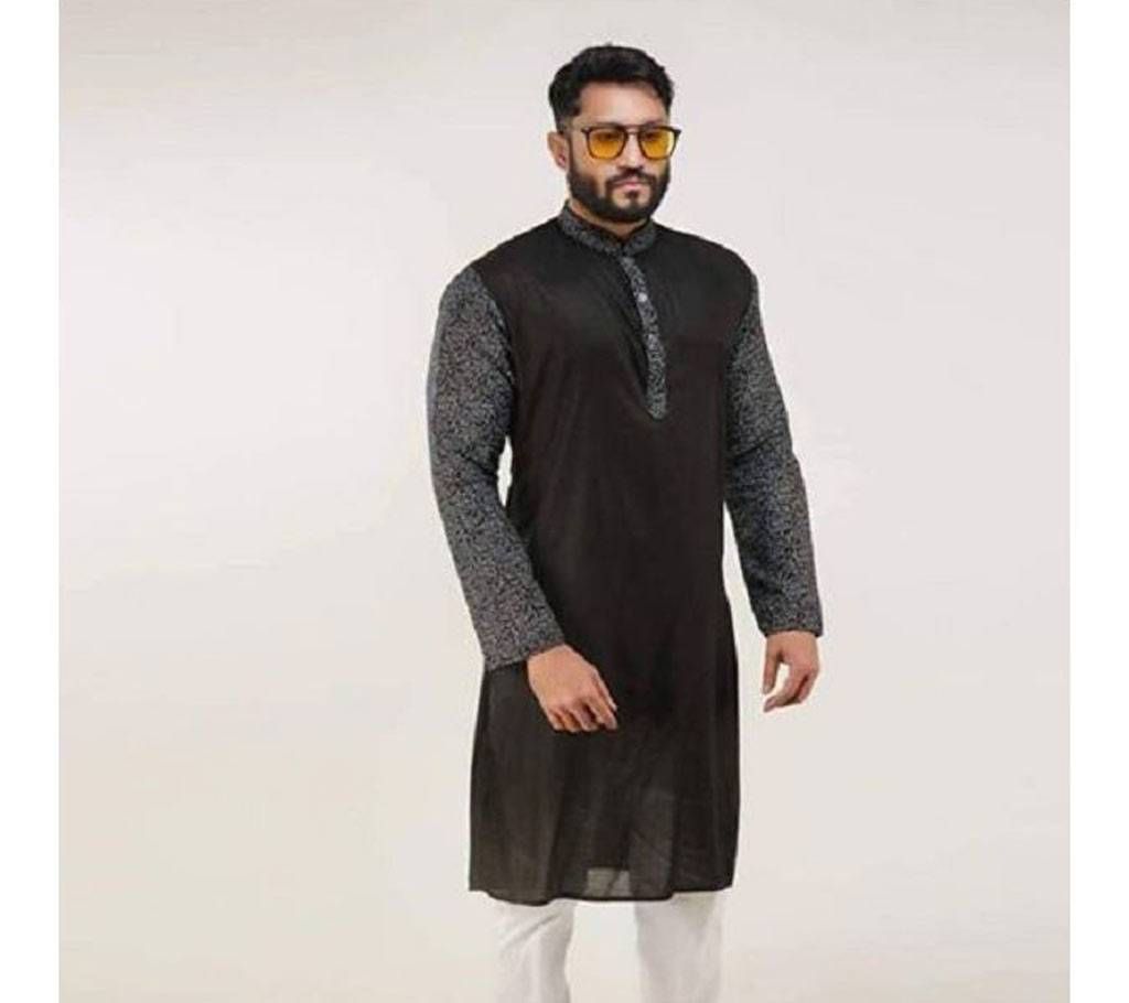 Black with Ash Sleeve and Collar Print Design Cotton Panjabi  7