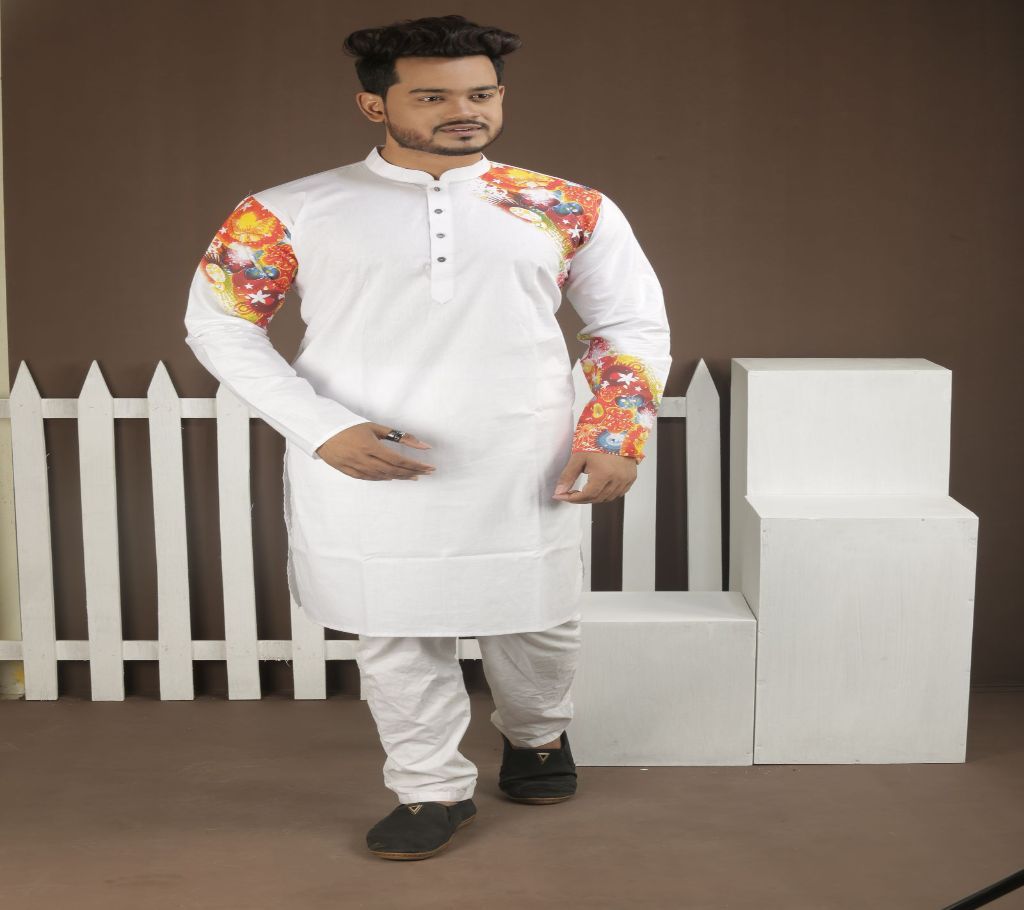Cotton Panjabi - White with Multi Color Chest and Hand Print
