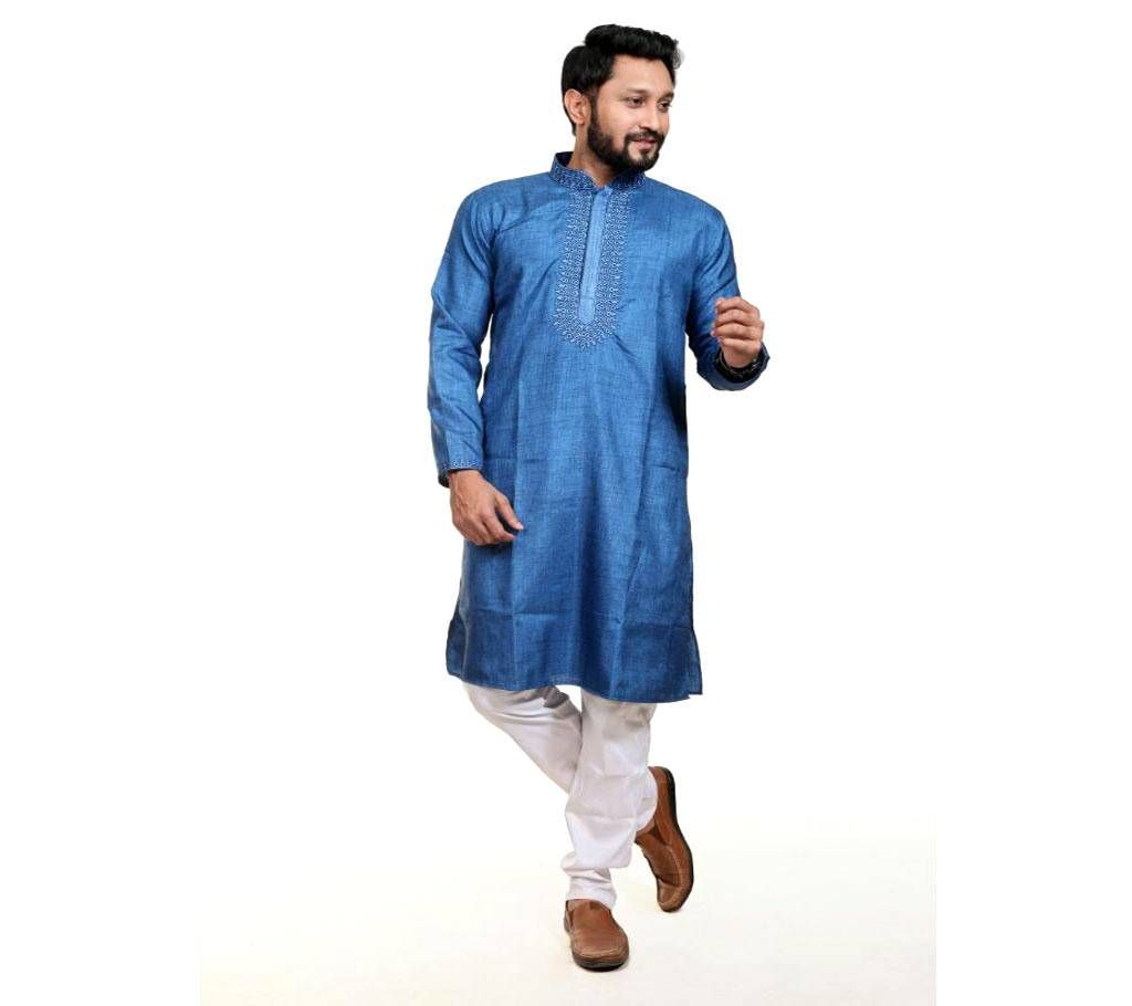 Indian cotton Panjabi for Eid Still blue Neck embroidery