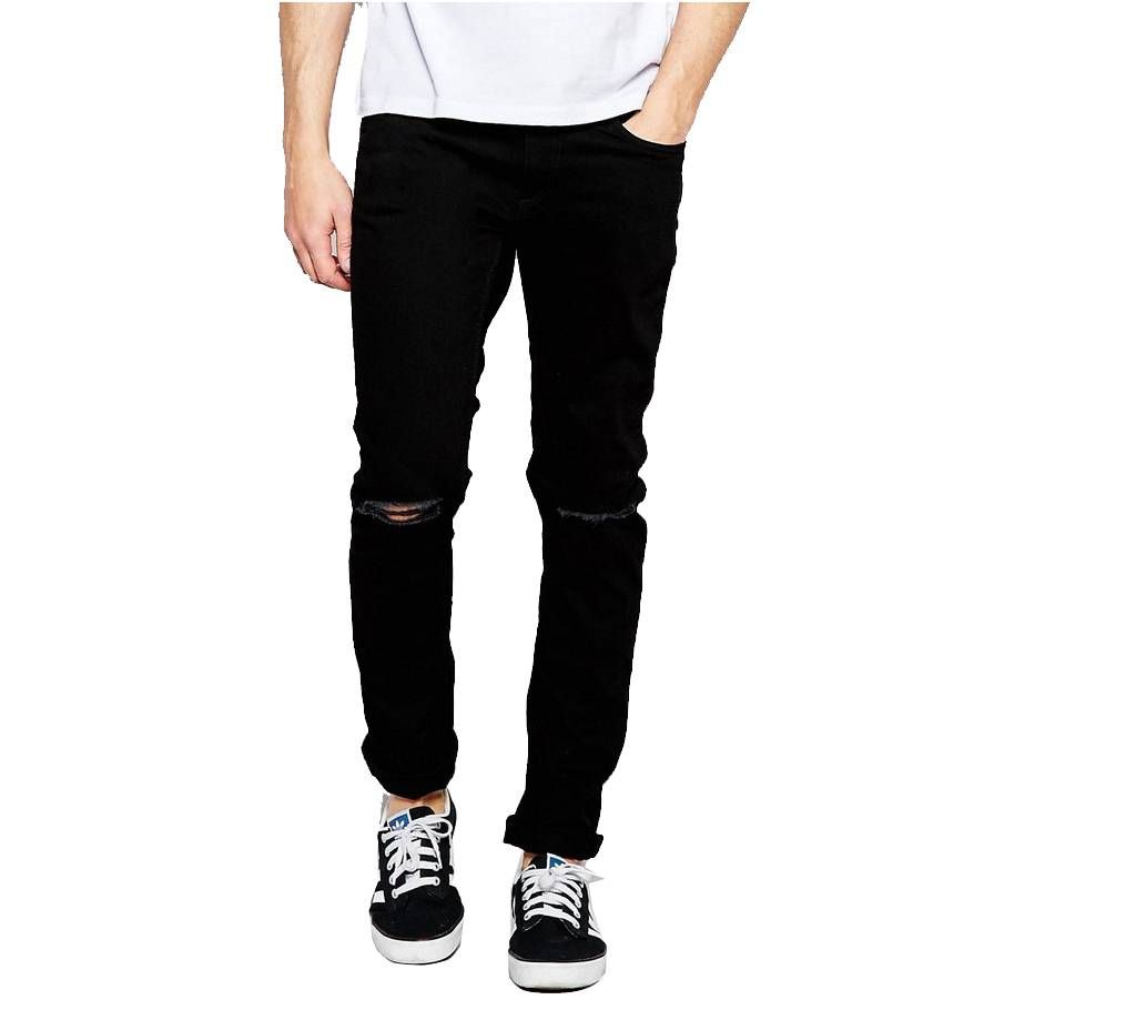 GENT`S STRETCHABLE RIPPED-KNEE BLACK LONG JEANS PANT