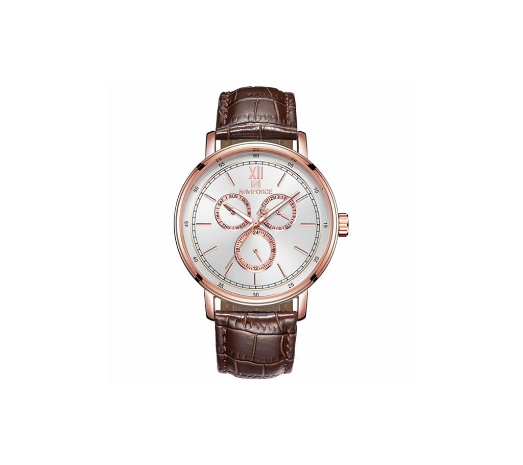 NAVIFORCE NF3002 Dark Brown PU Leather Chronograph Watch For Men - Dark Brown & RoseGold