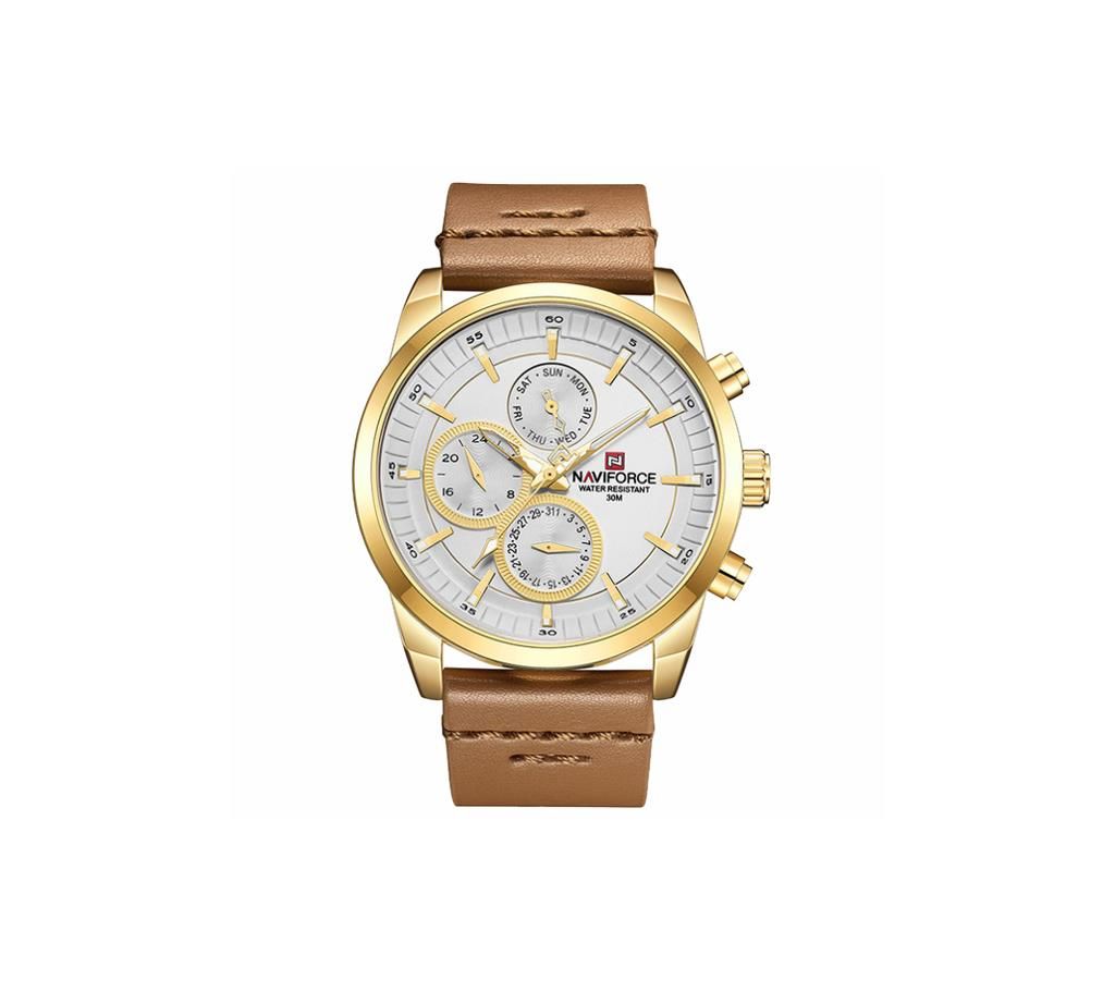 NAVIFORCE NF9148 Brown PU Leather Chronograph Watch For Men - Golden & Brown
