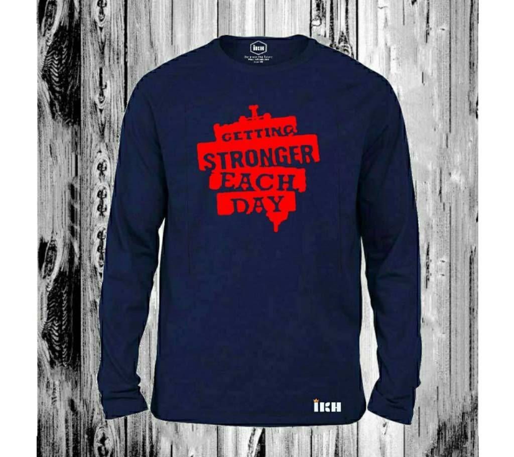 Getting Stronger Each Day Full Sleeve T-Shirt for Man Navy Blue - 100% Cotton
