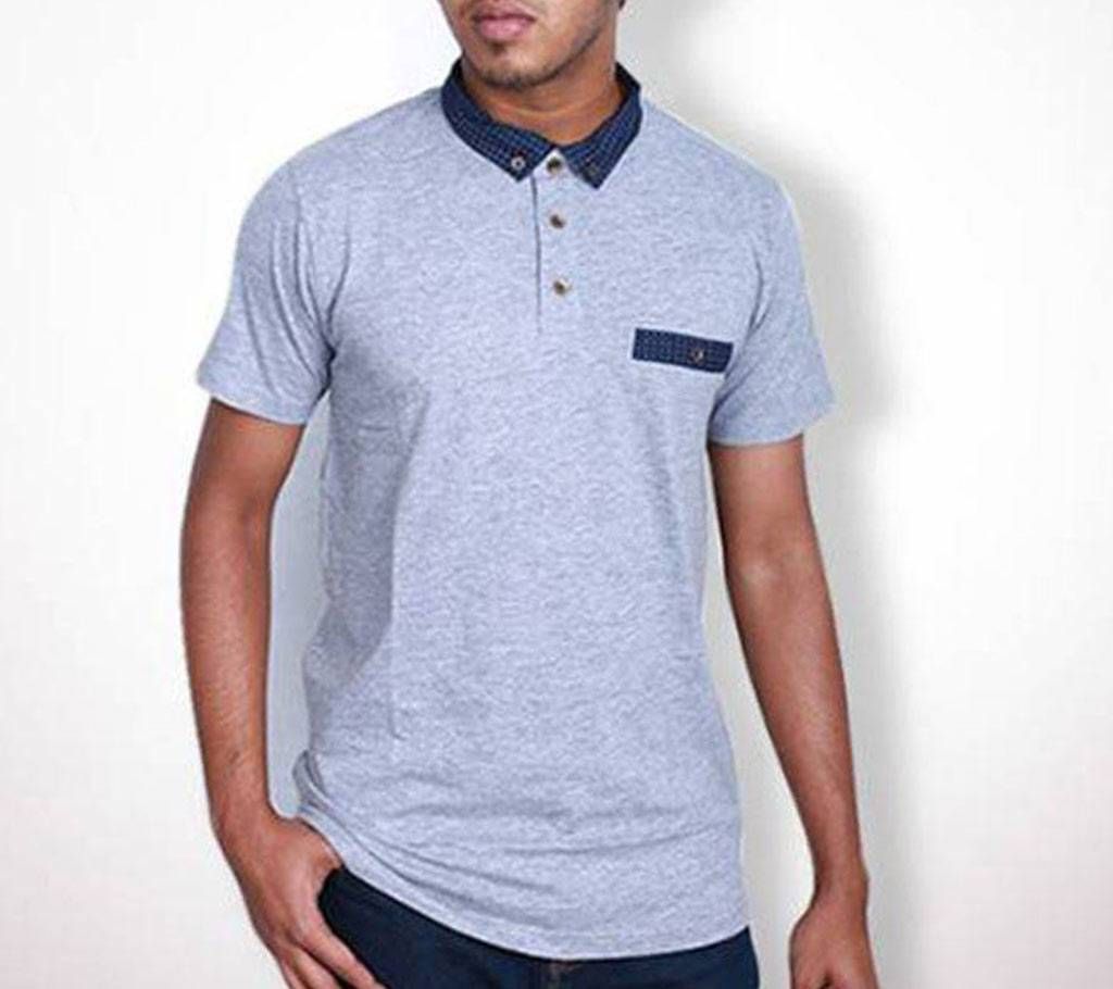 Ash and Navy Blue Cotton Polo Shirt For Men