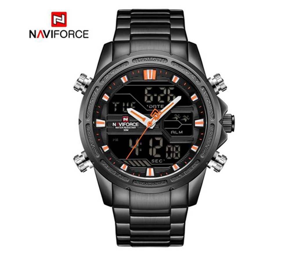 NAVIFORCE NF9138 STAINLESS STEEL DUAL TIME WRIST WATCH FOR MEN - BLACK & ORANGE