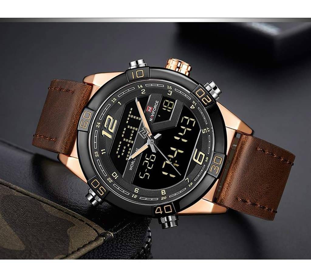 NAVIFORCE 9128 Genuine Leather Digital Dual Display Watch For Men