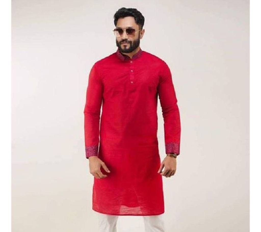 Maroon Red with Pink Collar Cotton Panjabi  6