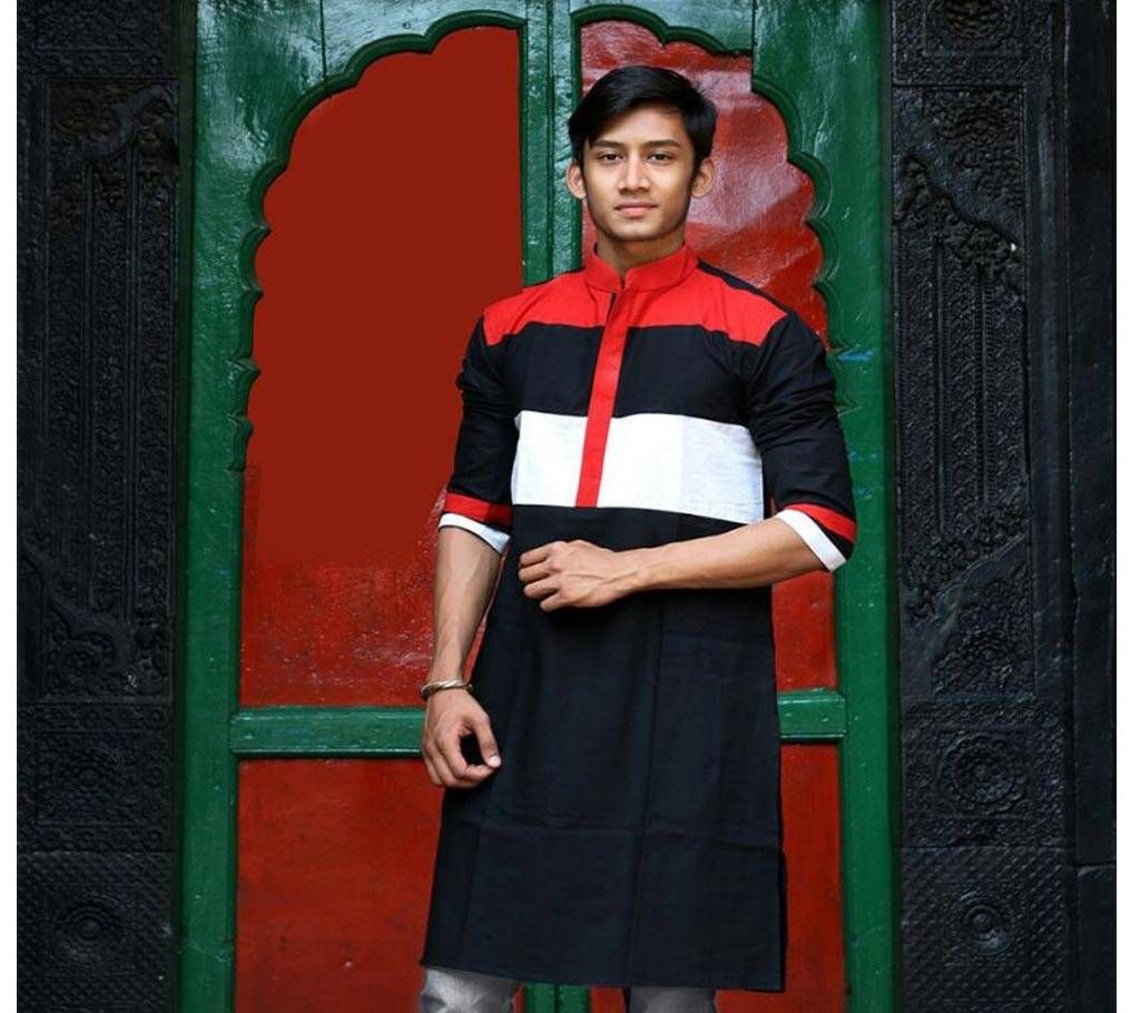 Mens Cotton Punjabi - Black With Red And White Combination - MPL 10