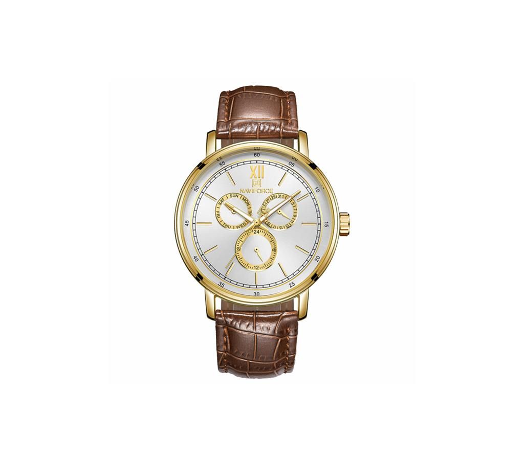 NAVIFORCE NF3002 Brown PU Leather Chronograph Watch For Men - Brown & Golden