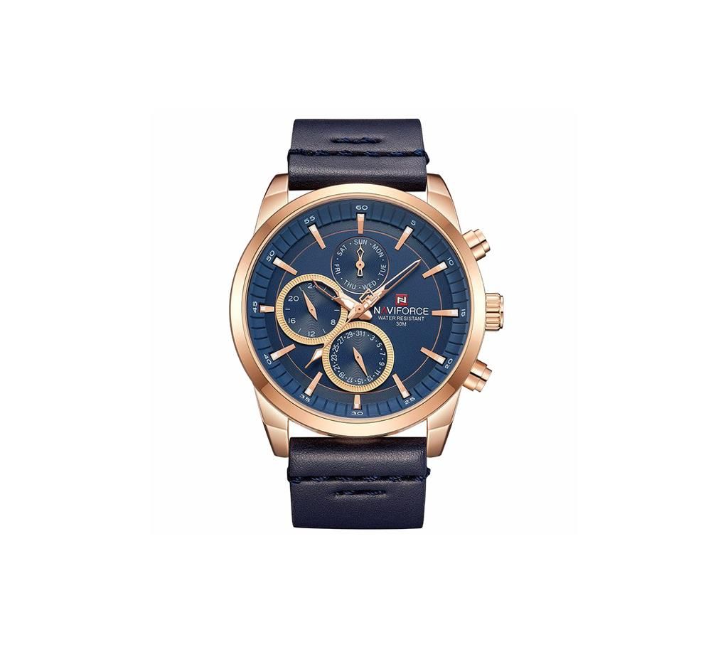 NAVIFORCE NF9148 Navy Blue PU Leather Chronograph Watch For Men - RoseGold & Navy Blue