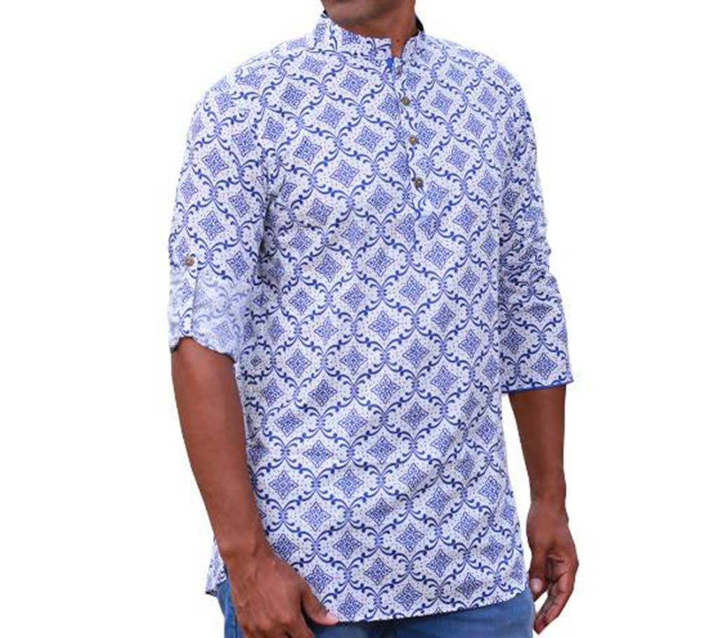 Mens White and Blue Printed Cotton Katua