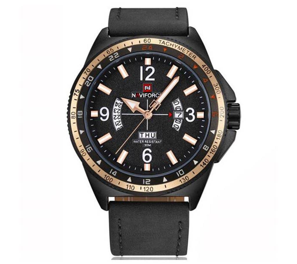 Naviforce Eid Collection NF9103  Casual Leather Watch Quartz Movement with unique week and date display - Black & Gold