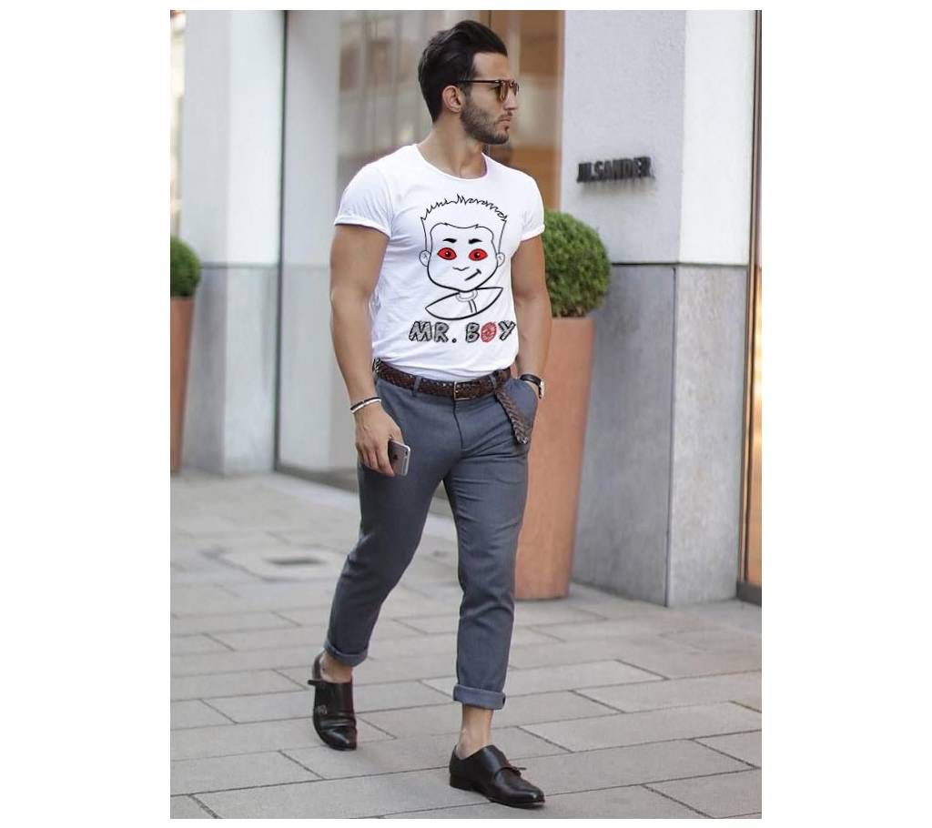 White T-Shirt with MR. BOY Text and Logo for Men
