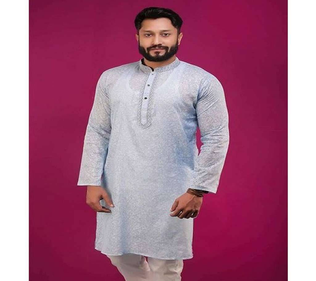 Light Off White Blue Cotton Semi Long Panjabi 