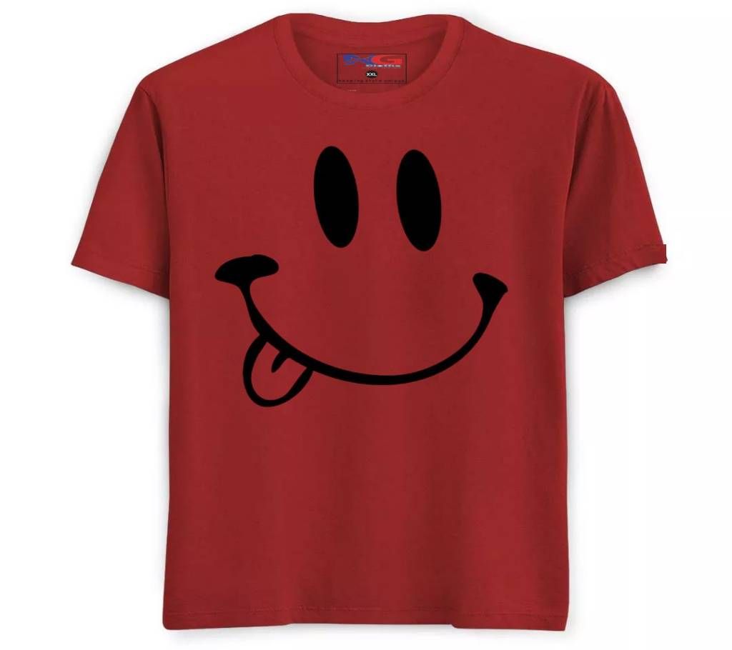 Cotton Rubber print T-Shirt - Red - Smiley Face