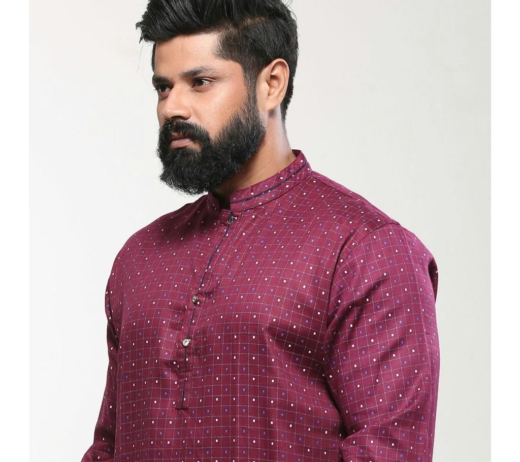 China Cotton Men's Punjabi  Maroon Navy Check Ball