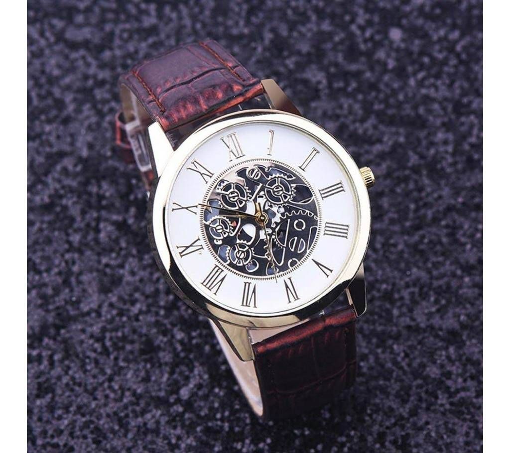 Luxury Leather Hollow Dial Wrist Watch