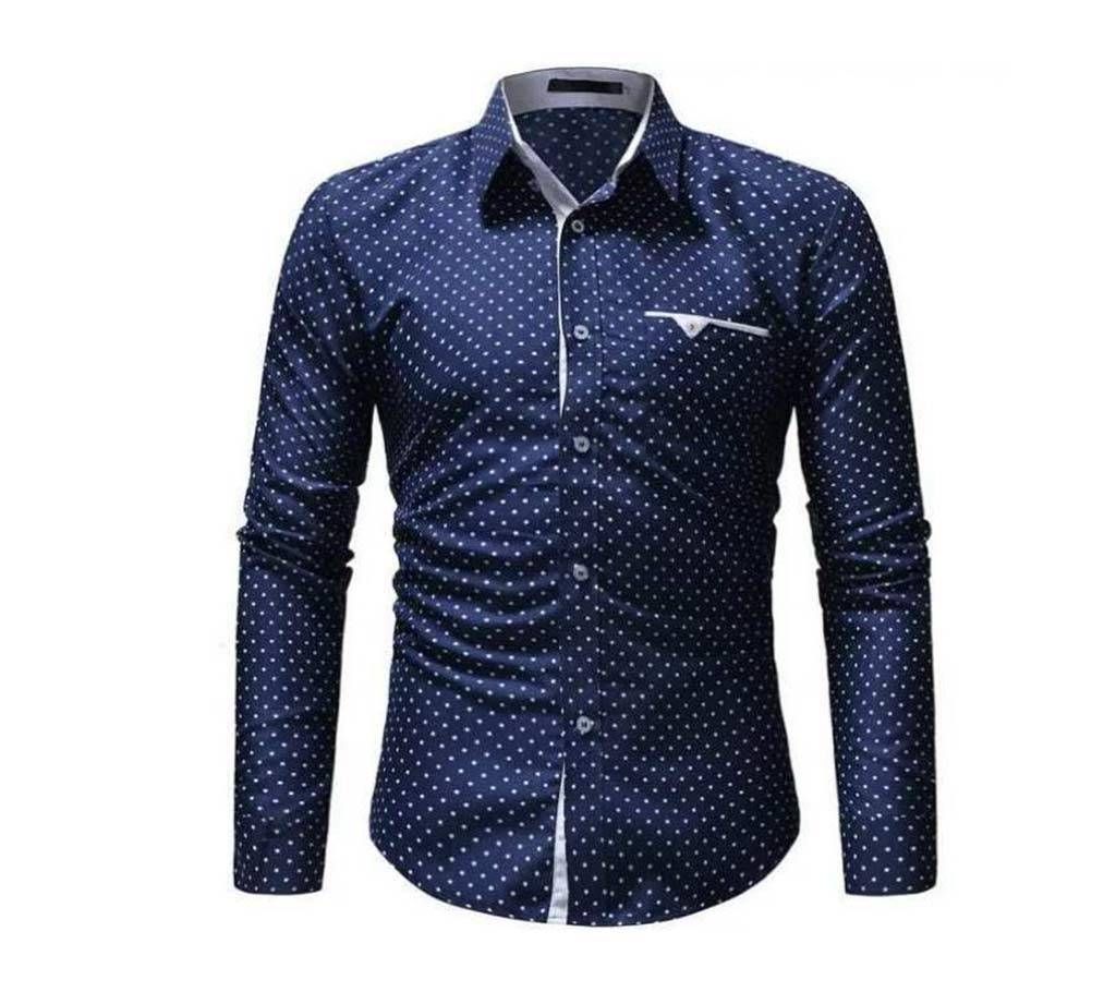 Navy Blue Dot Print Long Sleeve Casual Shirt For Men  Upf