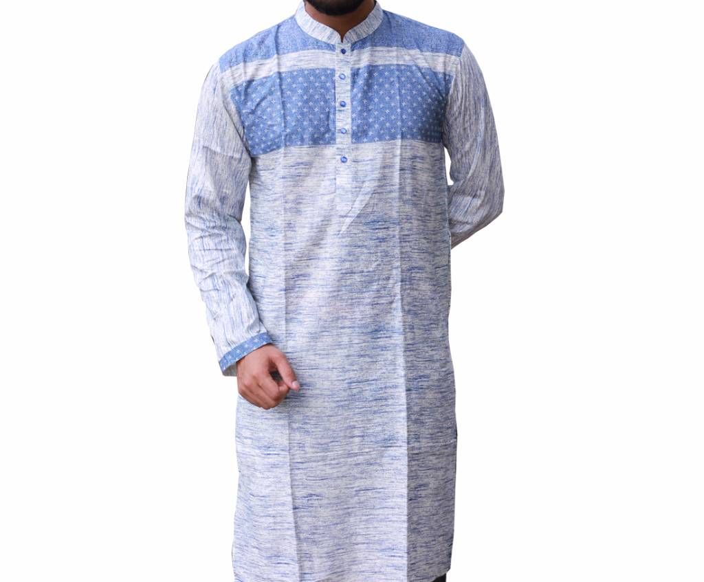 Sky Blue Printed Cotton Panjabi For Men