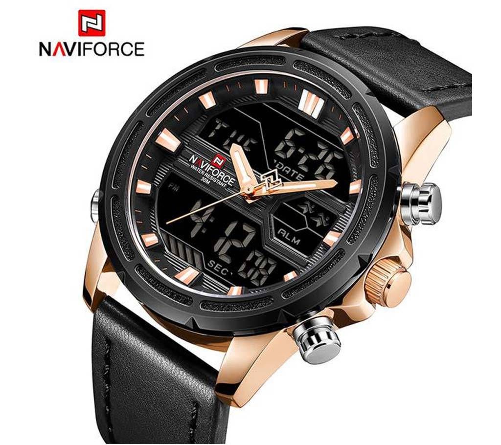 NAVIFORCE NF9138 PU LEATHER TWO TIME WRIST WATCH FOR MEN - ROSEGOLD