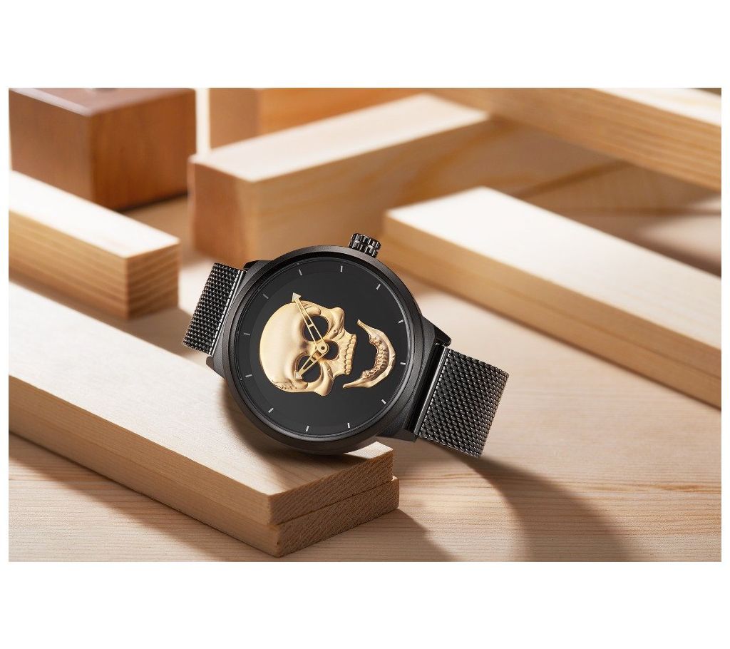 NARY SKULL WRIST WATCH MASH STRAP- BLACK & GOLDEN
