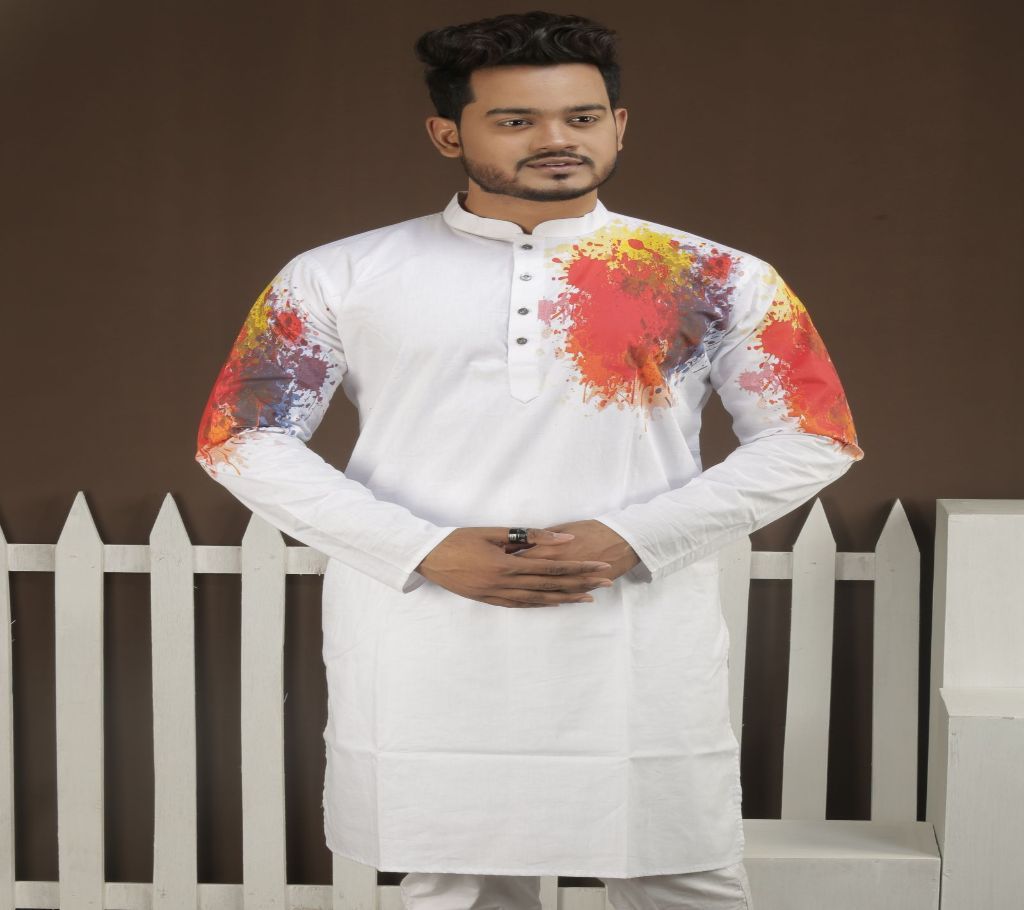 Cotton Panjabi - White with Multi Color Design