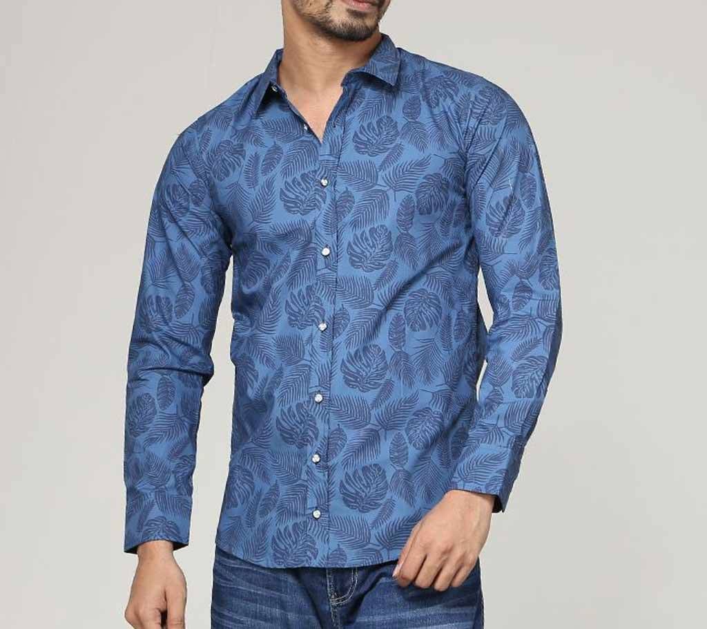Navy Blue Printed Cotton Full Sleeve Shirt