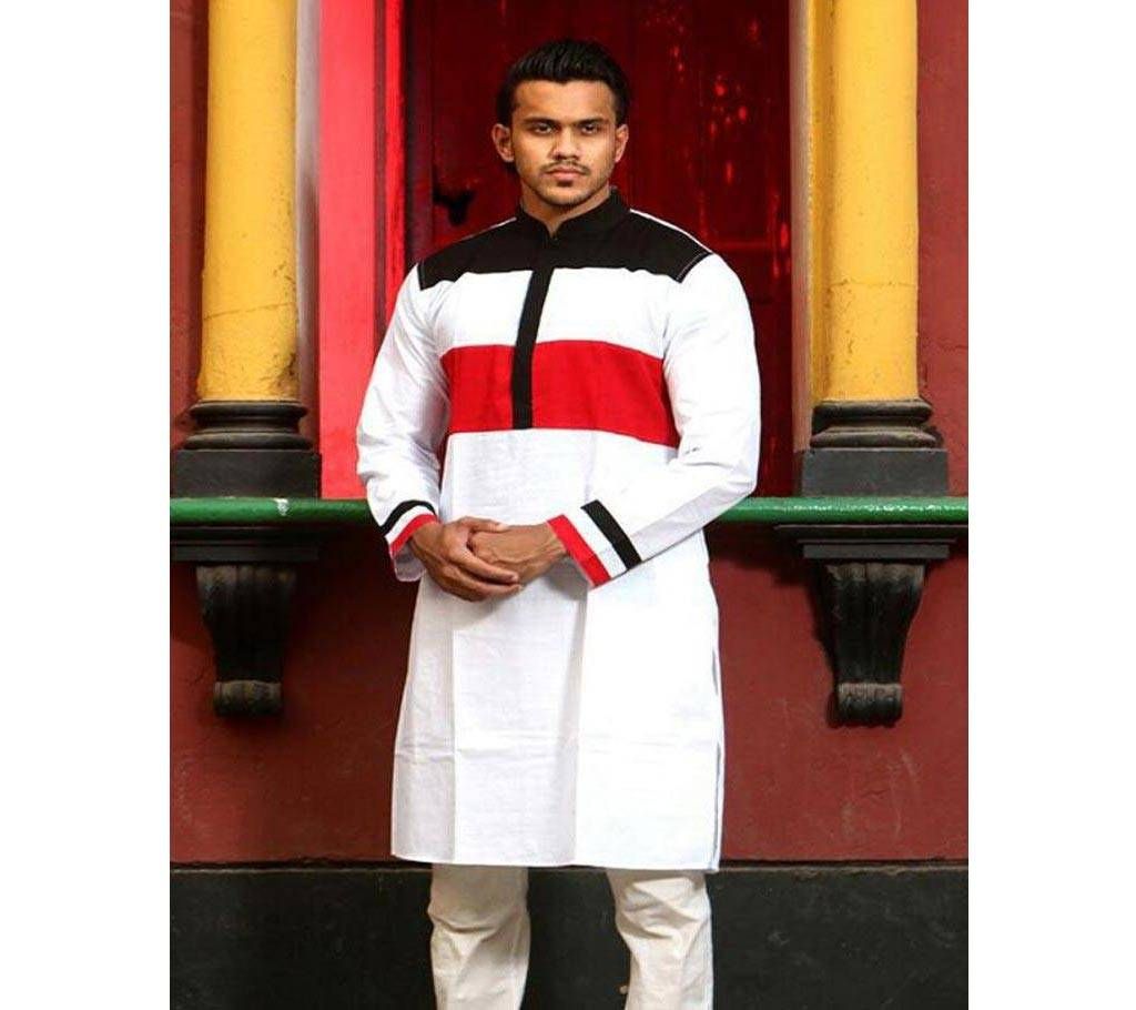 Mens Cotton Punjabi - White With Black and Red Combination - MPL 09