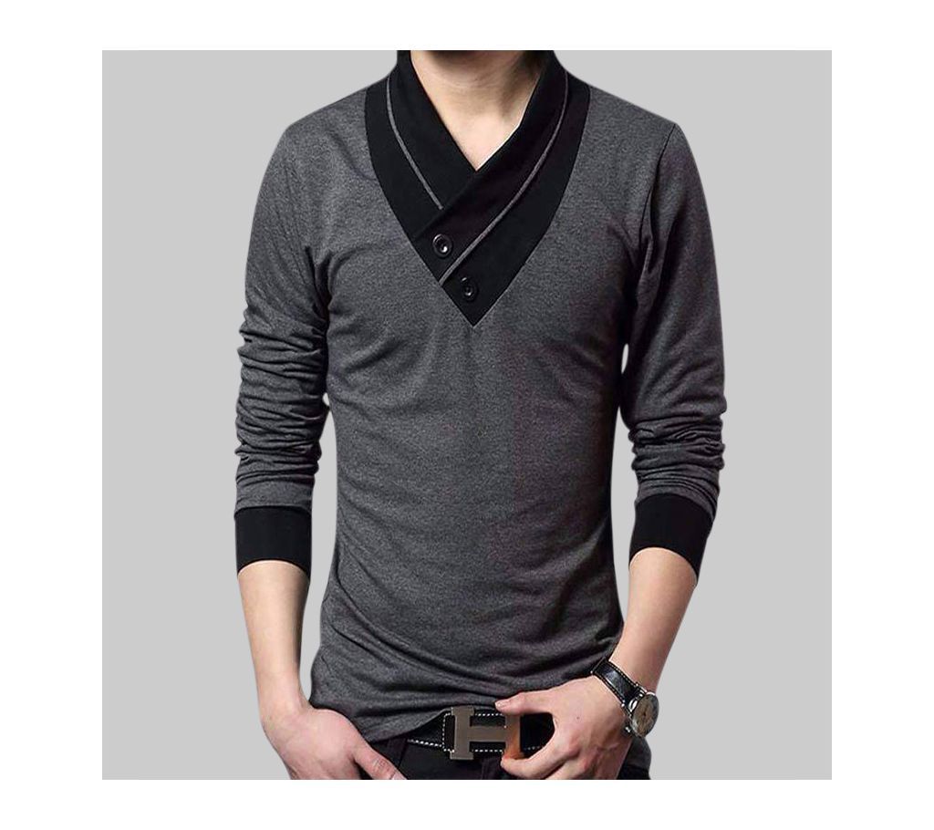 Gray color Cotton Long Sleeve T-Shirt For Men