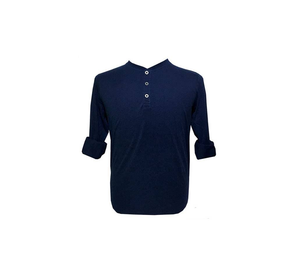Long Sleeve Solid Blue Color Curved T-Shirt