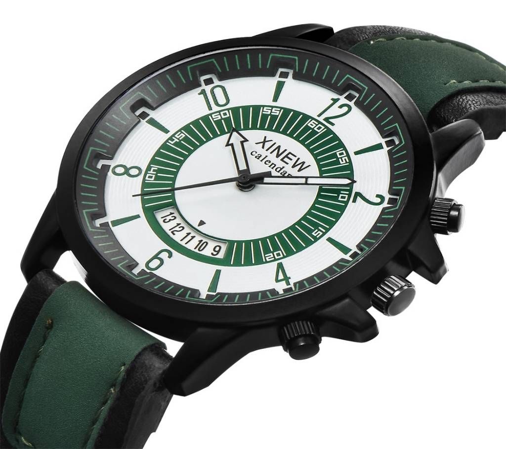 XINEW Brand Watches Mens Leather Date Quartz Wristwatches green normal