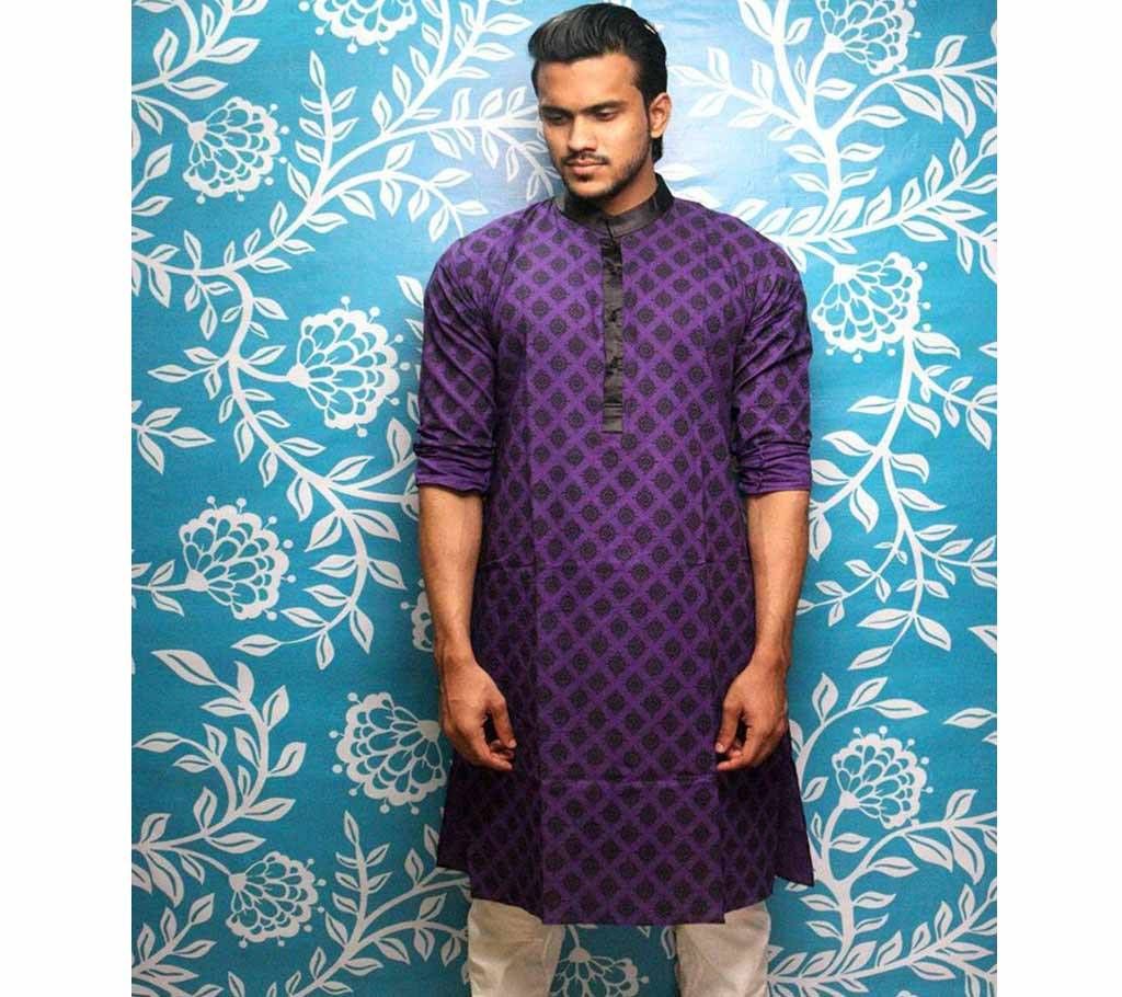 Mens Cotton Punjabi - Purple with Black Neck and Full Body Design - MPL 18