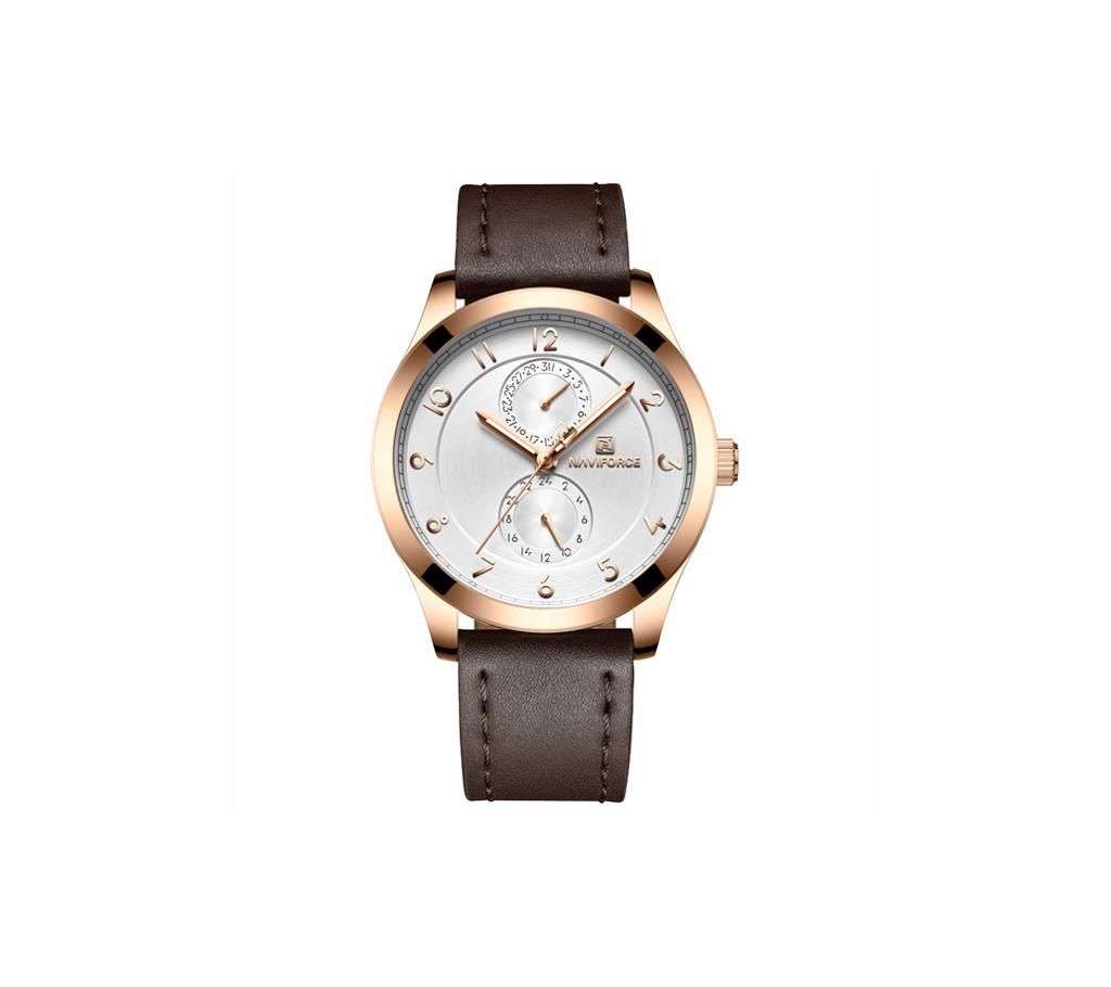 NAVIFORCE NF3004 Dark Brown PU Leather Chronograph Watch For Men - Dark Brown & RoseGold