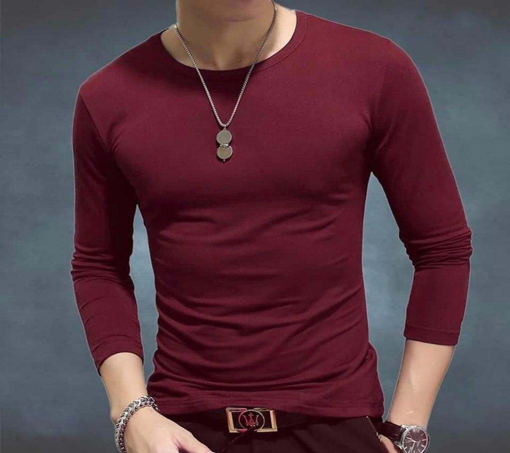 Maroon Cotton Long Sleeve T-Shirt for Men