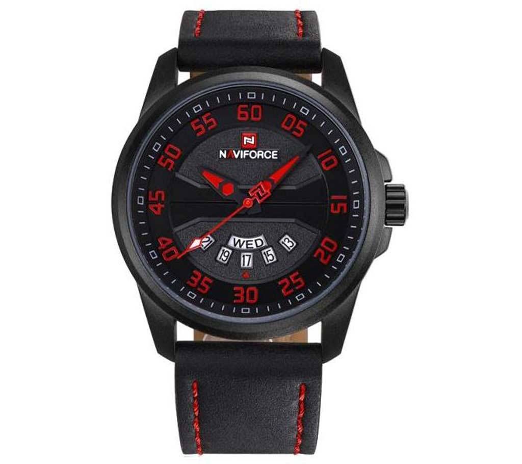 NAVIFORCE NF9124 Black PU Leather Analog Watch For Men - Red & Black