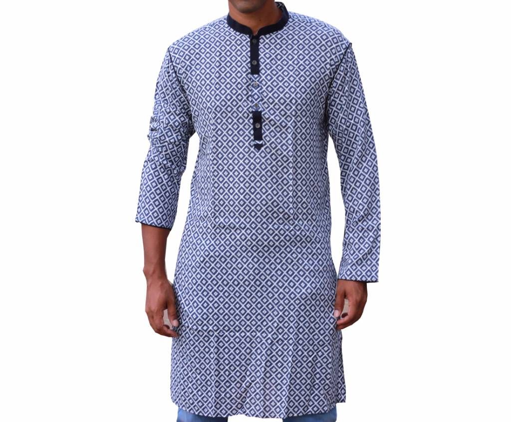Black and White Printed Cotton Panjabi For Men