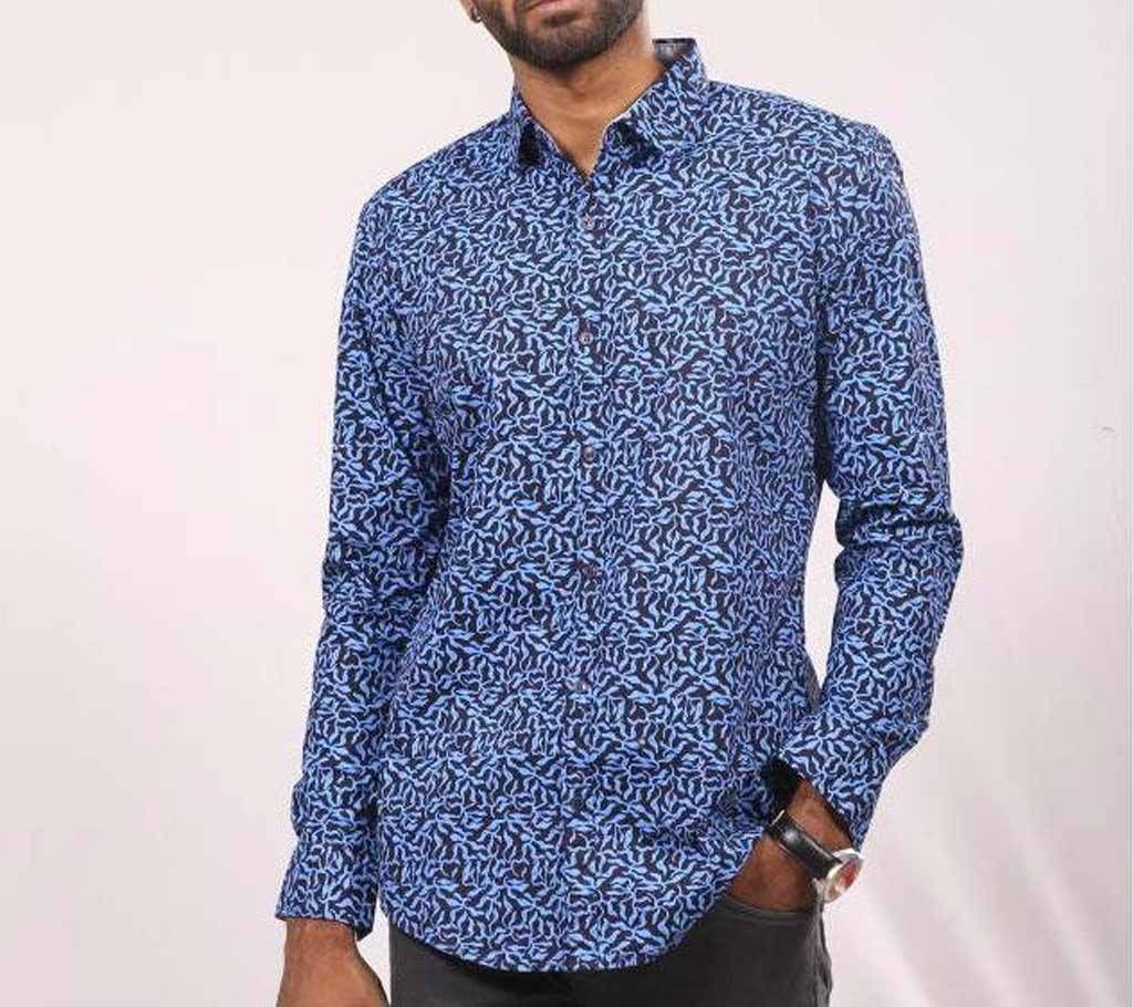 Dodger Blue Cotton Long Sleeve Casual Shirt for Men