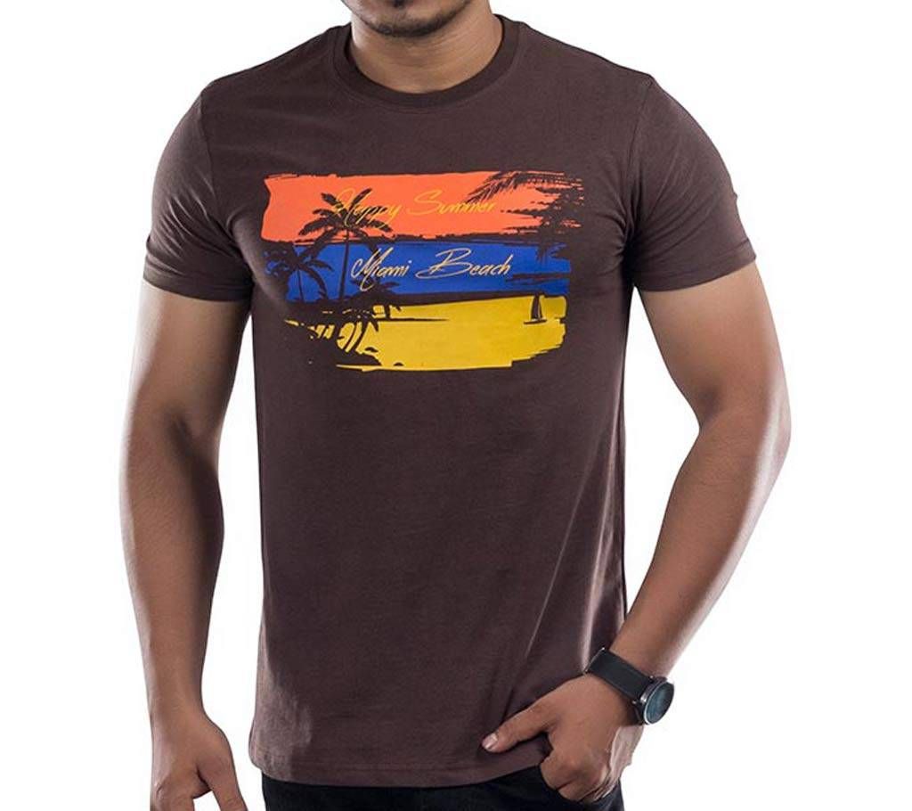 Men's Half Sleeve Cotton T-Shirt T-Shirt-W17-MSST005 - Coffee-Coconut tree	