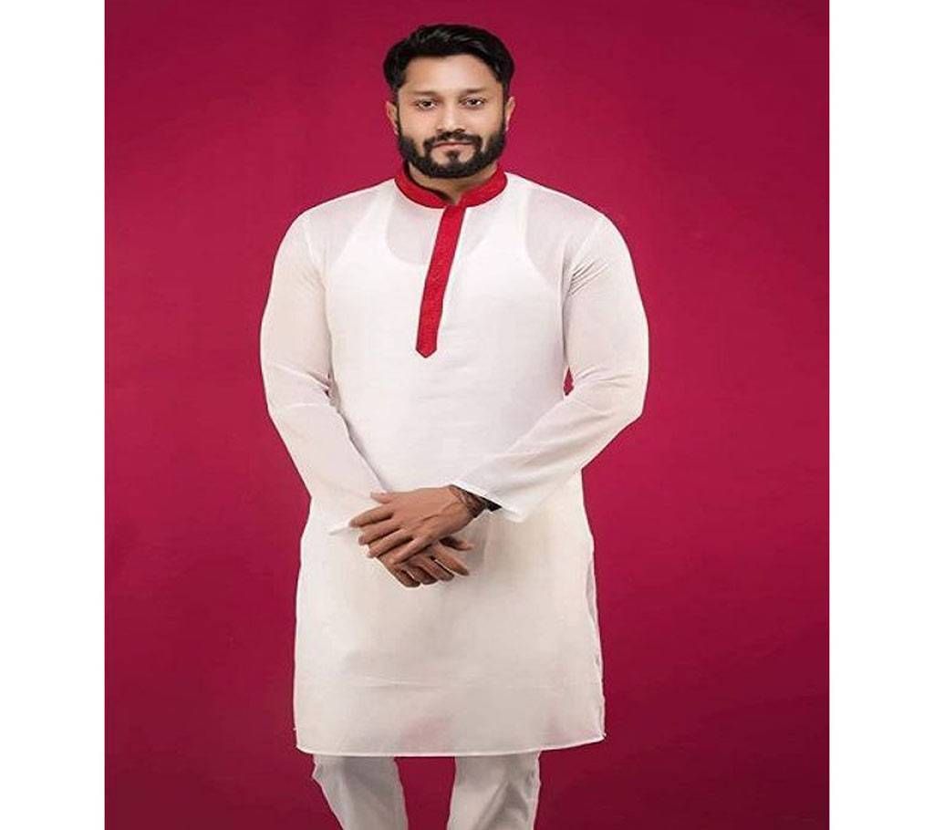 Off White with Red Collar Cotton Panjabi  10