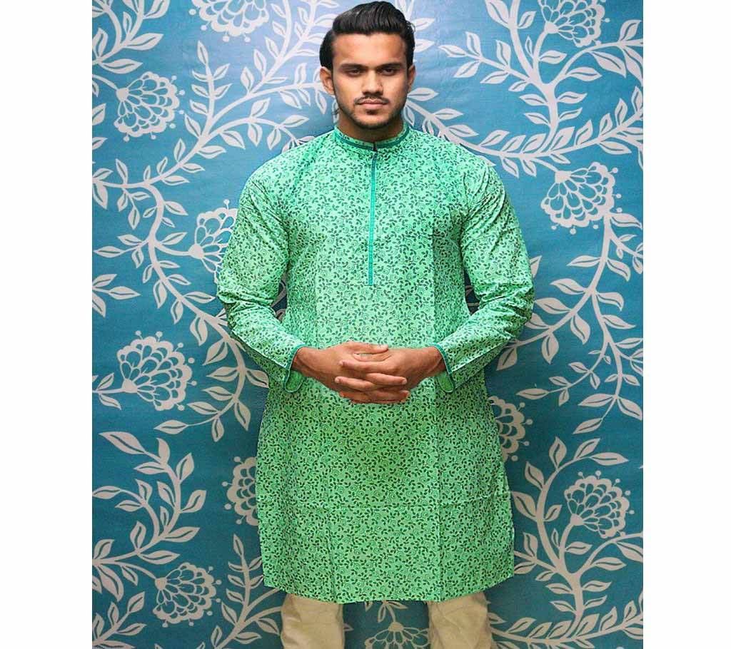 Mens Cotton Punjabi - Mint Green with Paste Neck and Full Body Leaf Design - MPL 32