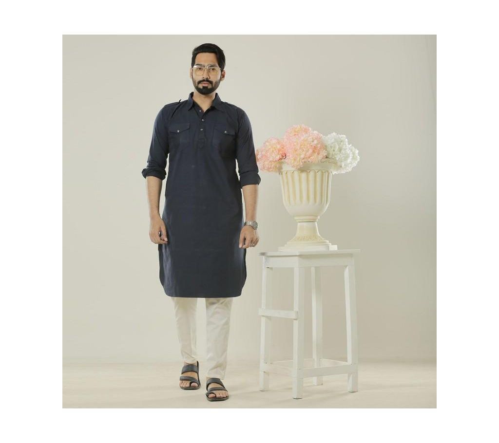 Navy Blue Cotton Long Printed Kabli Panjabi For Men