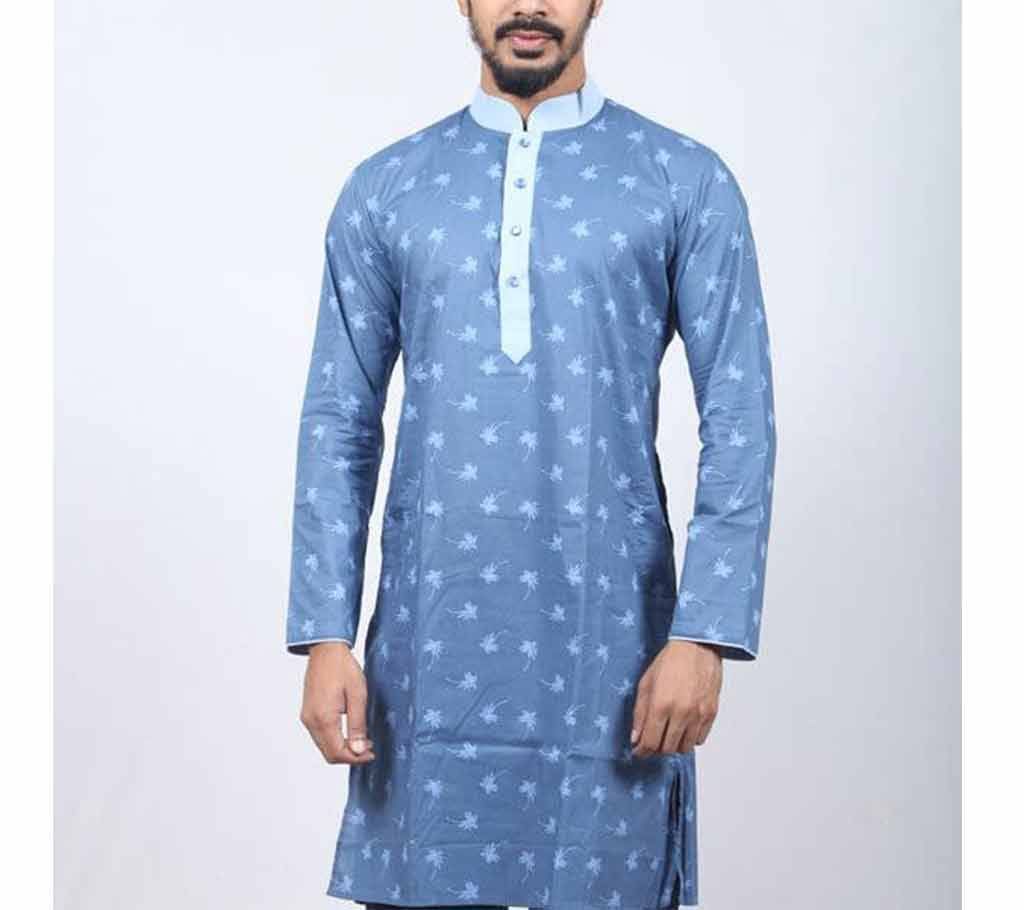 Blue printed semi long cotton punjabi for men 