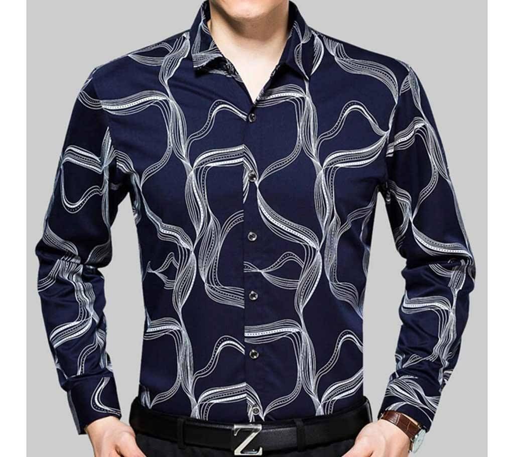 Navy Blue Printed Cotton Full Sleeve Casual Shirt