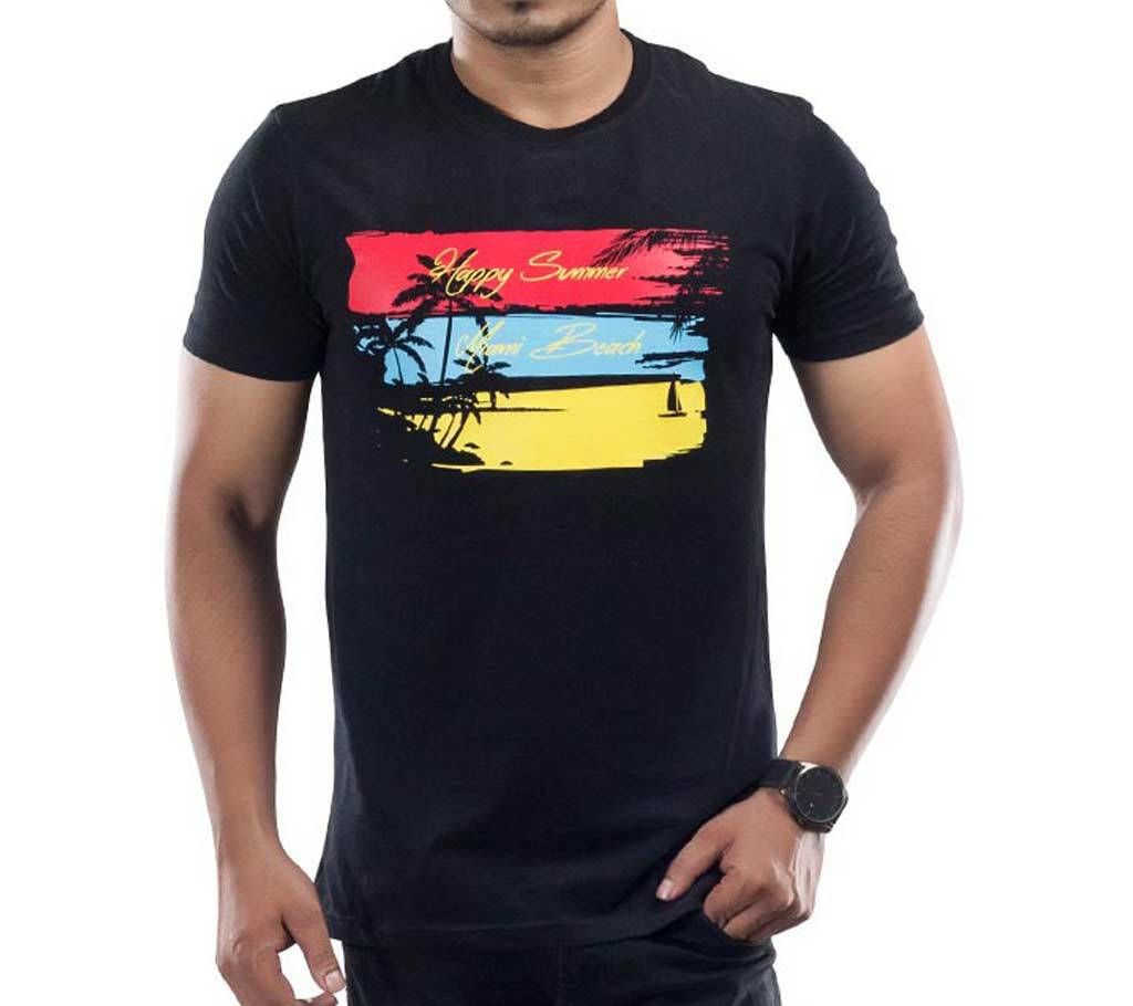 Men's Half Sleeve Cotton T-Shirt T-Shirt-W17-MSST005 - Black-Coconut tree		
