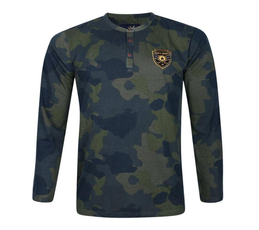 Army Green Cotton Long Sleeve T-Shirt For Men