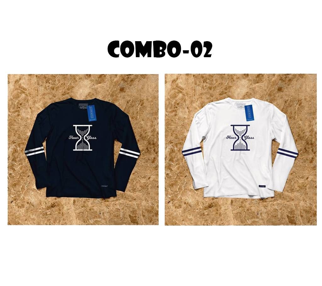 2pcs Blue & White Full Sleeve T-shirt Combo 
