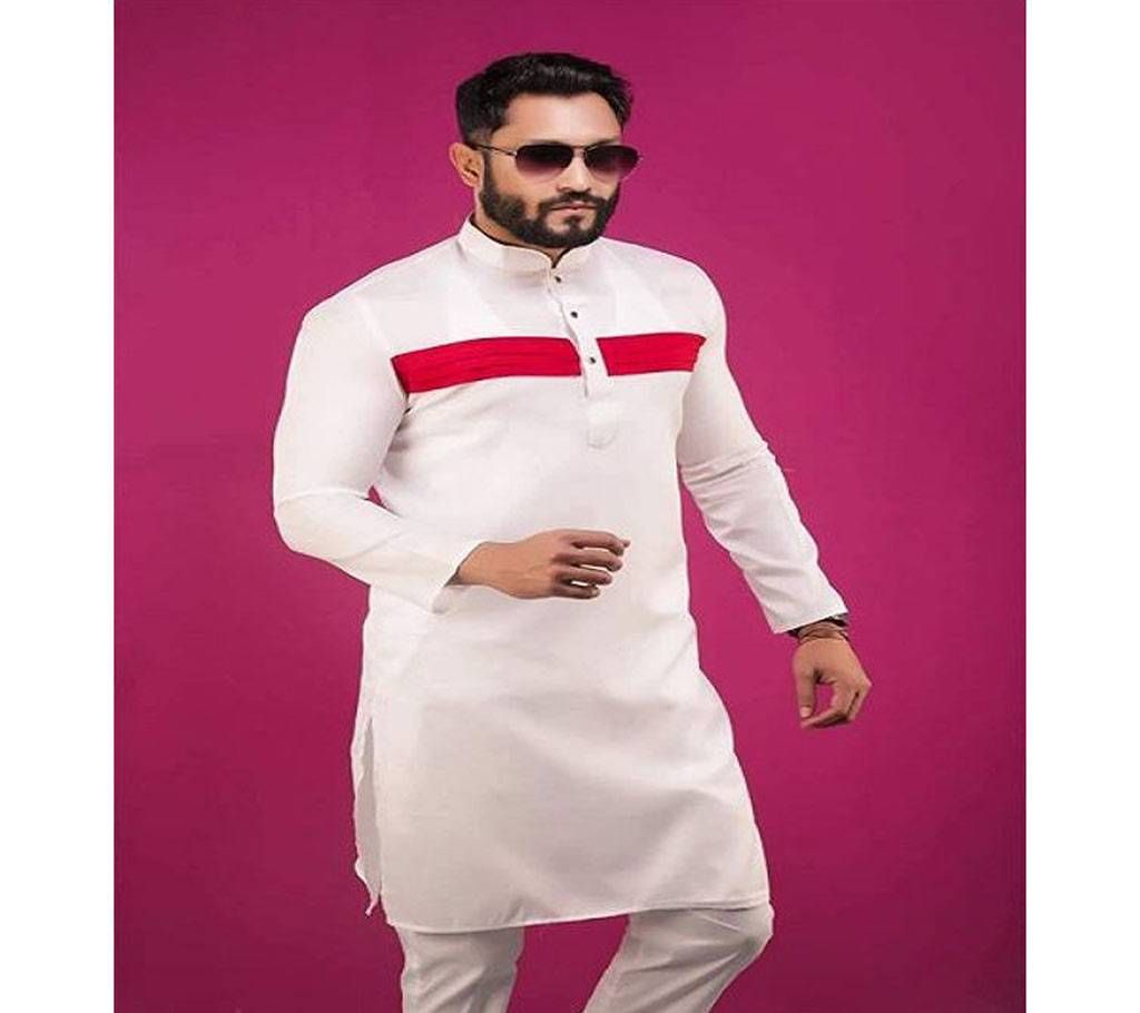 Off White with Red Stripe Design Cottn Panjabi  9