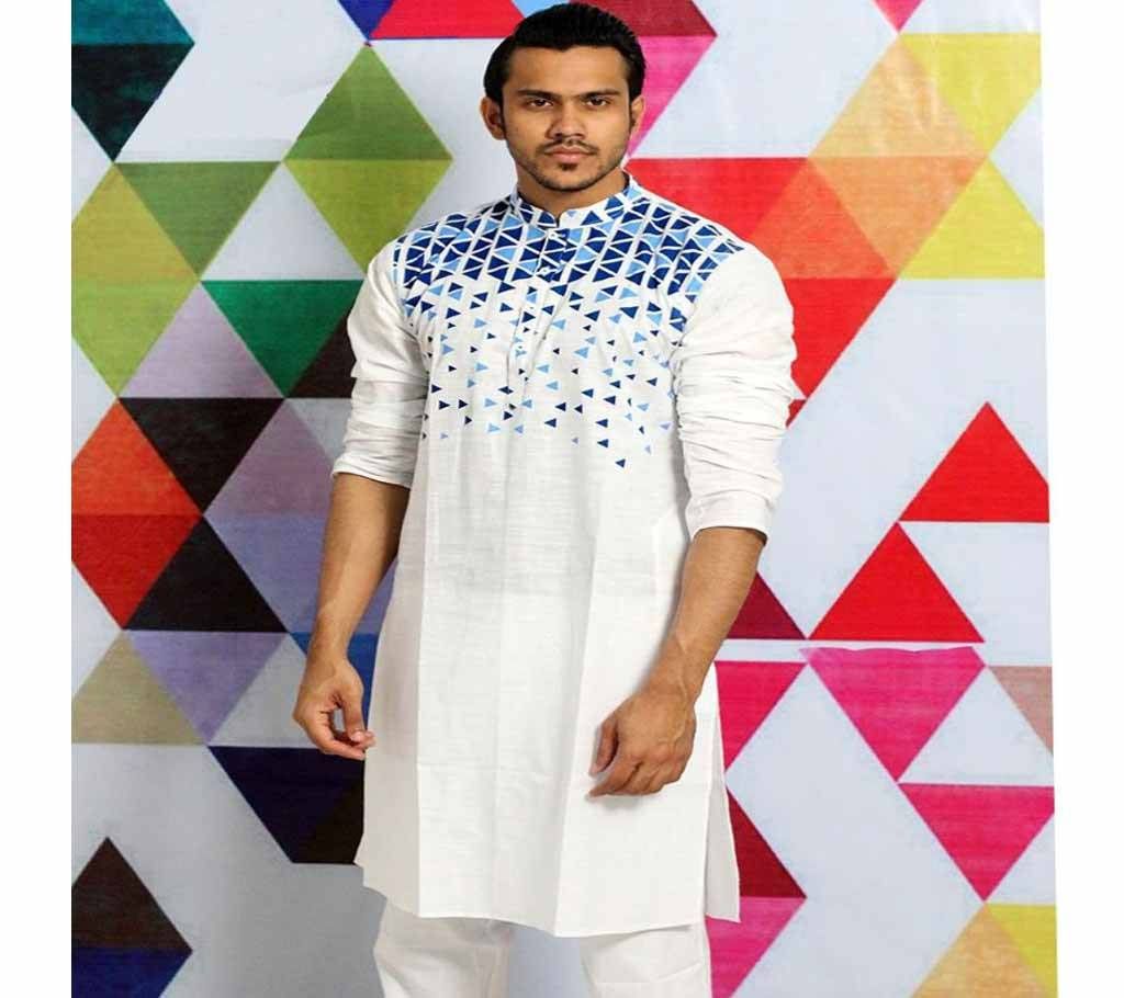 Mens Cotton Punjabi - White with Navy Blue and Sky Blue Mix Design - MPL 56